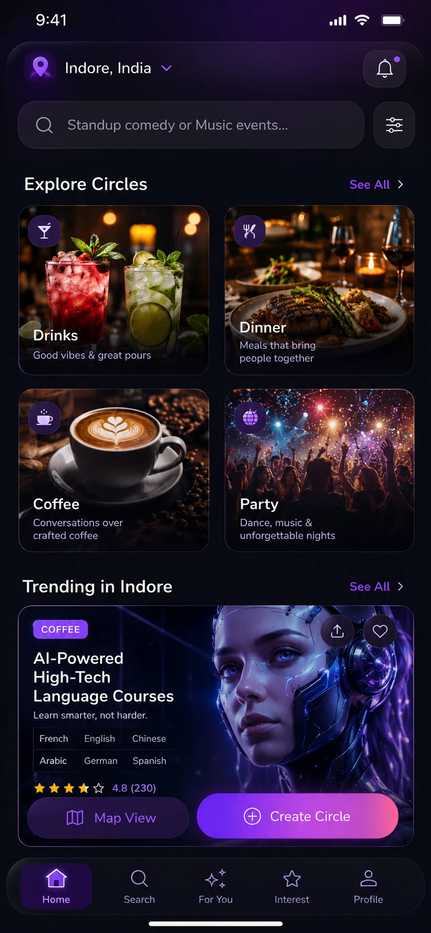 Velora app home screen showing Circles and trending events